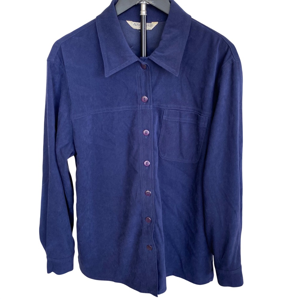 Allison Daley Petite Navy Blue Faux Suede Button Down Long Sleeve Shirt P